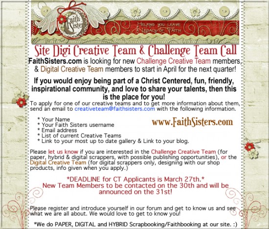 Faith Sisters Creative Team Calls! Digial and Challenge Teams